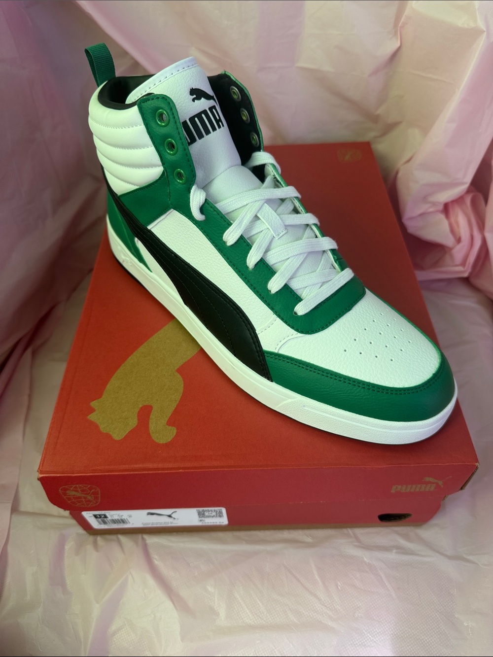 Puma White, Green & Black Mid-Top Sneakers